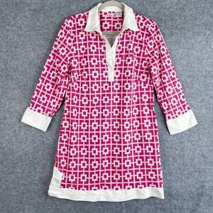Dizzy Lizzie Tizzie Dress Womens Large Pink Geometric Roll Tab Sleeve Stretch